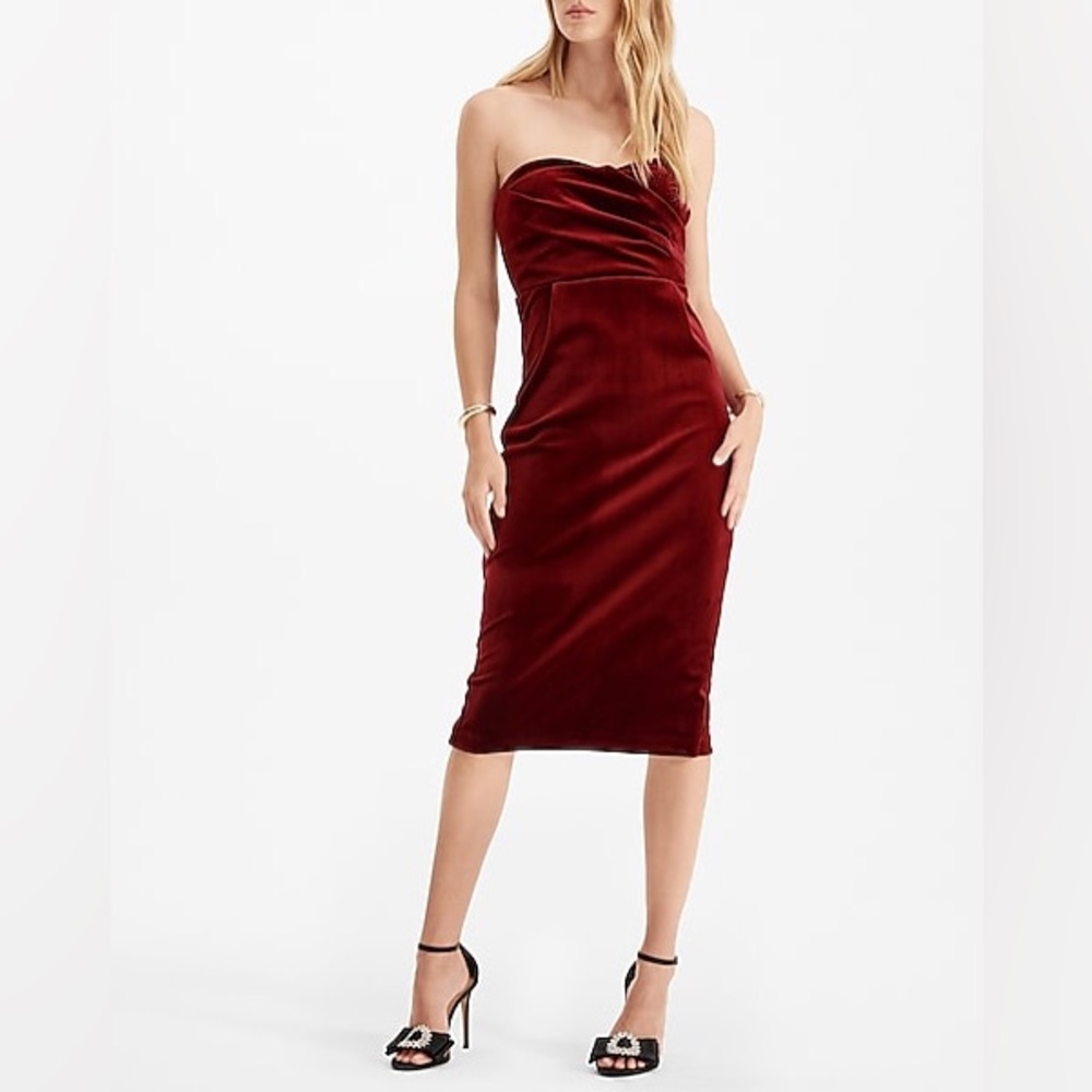 Express Velvet Sweetheart Neckline Strapless Midi Sheath Dress, Ruby XS